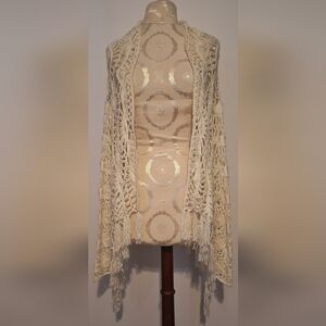VENUS Cream Crochet Sweater Open with Fringe
